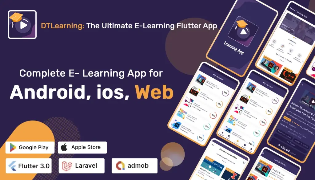 DTLearning: Online Learning Courses - Books - Quiz LMS Flutter App (Android-iOS-Web) with Admin Panel