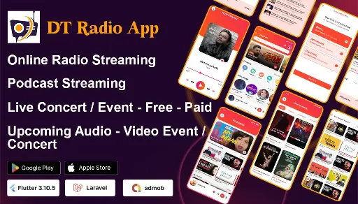 DTRadio - Online Radio, Podcasts & Live Events Flutter App (iOS - Android) with admin panel 